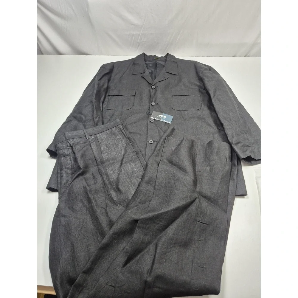 VTG Millenia Suit Mens 3XL Black 100% Linen Casual 2 Piece 44x36 USA Armando NWT